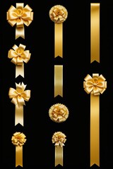 A collection of golden ribbons and golden bows isolated on a clean dark background