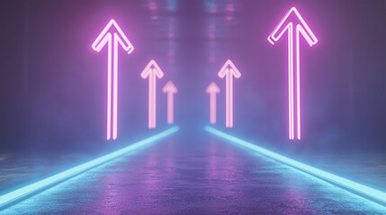 Canvas Print - Dynamic neon arrows in pink and blue, pointing upwards to represent progress and growth in a futuristic setting. Perfect for technology-themed visuals. Photo