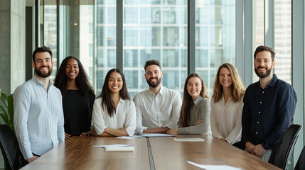 Portraits of a diverse team collaborating in a sleek modern office workspace, highlighting teamwork and innovation. Perfect for corporate websites, team-building presentations, and