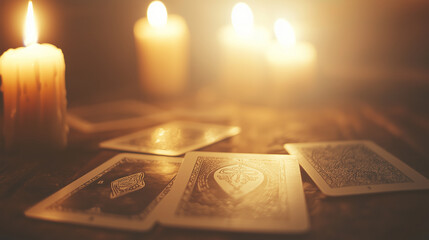 A mystical tarot card spread illuminated by the warm glow of candles, intricate designs on the cards casting shadows in the dim light. The scene evokes a sense of mystery and spiri