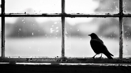 Sticker -  Bird perched on window sill with raindrops falling outside