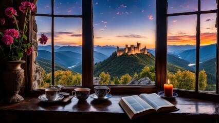 Castle view, cozy room, magical night sky, sunset, introspection, melancholy, isolation, candlelight, flowers, steaming tea, vivid colors, ultra-HD, realism, historical, abstraction