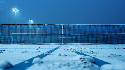 Wall Mural - A snowy soccer field with a fence in the background
