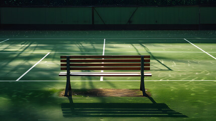 A bench on a tennis court, with the sun shining on it