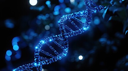 DNA double helix model illuminated by blue light, representing genetic research