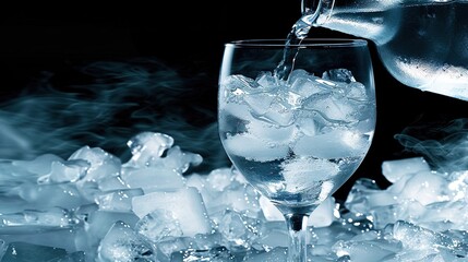 Sticker -   Water being poured into an ice-filled glass on black background