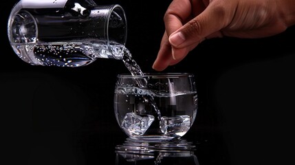 Wall Mural -   A person pours water from a bottle to a glass containing ice cubes