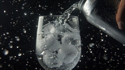 Wall Mural -  Person pouring water with ice in black background, drops on glass