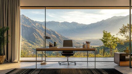 Wall Mural - Home office with a large window, minimalist decor, and a mountain view