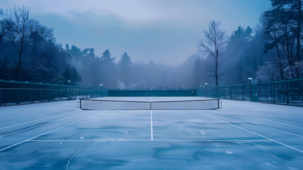 Wall Mural - A tennis court is lit up at night with a blue sky in the background