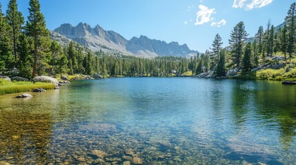 Scenic mountain lake with crystal clear water and surrounding trees