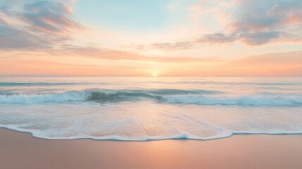 Sticker - Serene beach at sunrise with gentle waves and a pastel sky