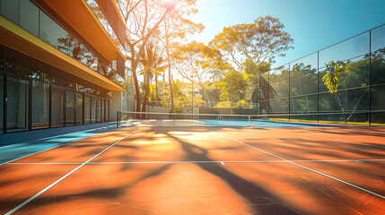 Wall Mural - A tennis court with a blue background and white lines