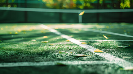 Wall Mural - A tennis court with a lot of leaves on the ground