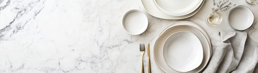 White plates and bowls arranged on a marble surface with a fork.