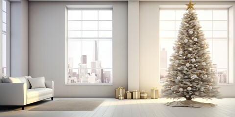 Interior of a white apartment with christmas tree.