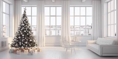 Interior of a white apartment with christmas tree.