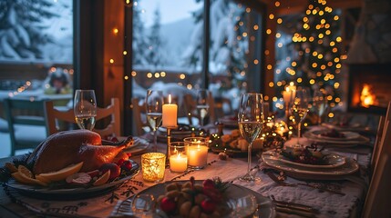 A charming winter holiday dinner party, table adorned with a turkey roast, candles, and festive decorations, guests in cozy attire enjoying the feast, warm glow from a fireplace and fairy lights,