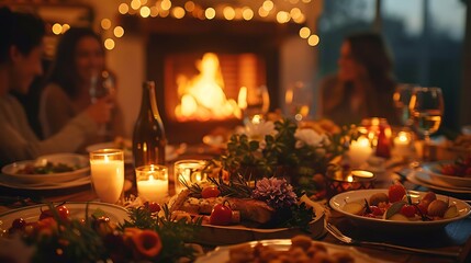 A cozy dinner party indoors, rustic table settings with candles and flowers, fireplace in the background casting a warm glow, guests in casual attire enjoying conversation and food, soft lighting,