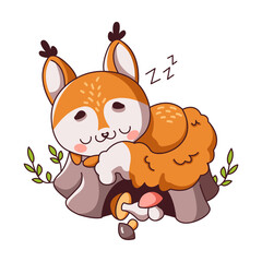 Squirrel naps on rock with mushrooms flat color vector illustration. Kawaii forest rodent looking fluffy and relaxed on white background