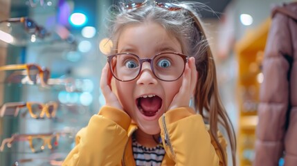 A young girl wearing glasses is standing in a store with her hands on her face