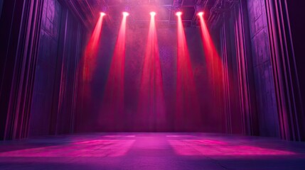 An empty stage bathed in red and purple lighting, with beams of light cutting through the darkness, setting a dramatic scene.