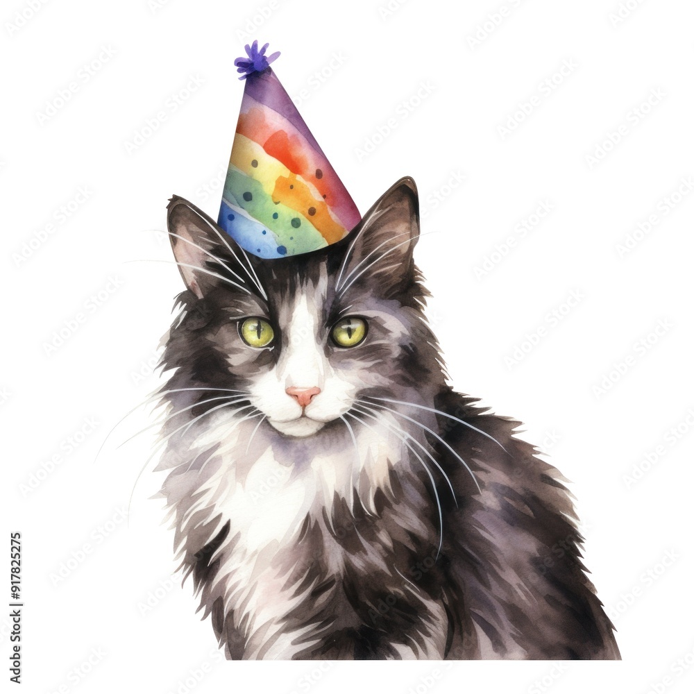 Watercolor Illustration of a Cat Wearing a Birthday Party Hat - Perfect ...