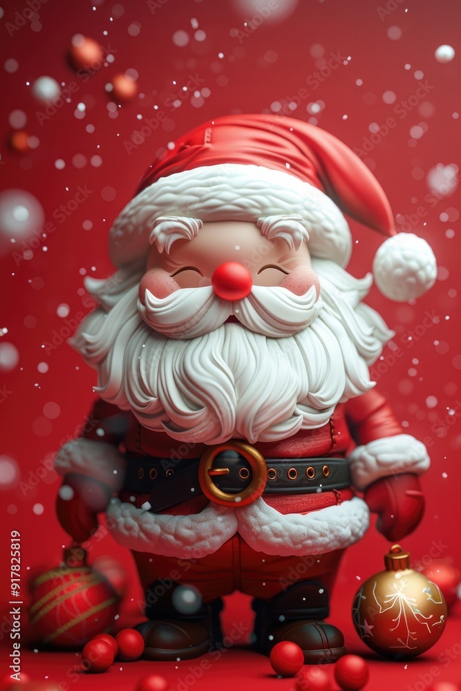 A jolly Santa Claus smiles as he stands amidst a flurry of falling snow