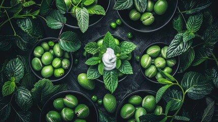 Wall Mural -   Green olives and sour cream in bowls on a leaf-surrounded table