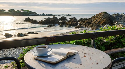 Poster -   A cup of coffee sits atop a table with a book positioned beside it Additionally, a book rests on top of the table