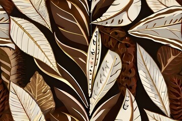 Abstract botanical art background with tropical leaves in line style in brown and beige colors. Luxury banner with exotic plants for decoration, print, wallpaper, Generative AI