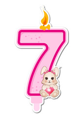 Number 7 with cute bunny and candle on white background. Vector illustration.