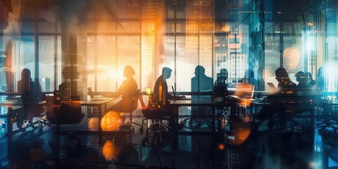 Wall Mural - A group of people are sitting in a room with a view of the city