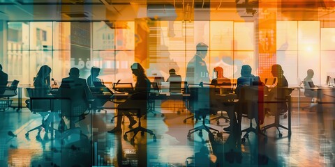 Sticker - A group of people are sitting in a conference room with a large window