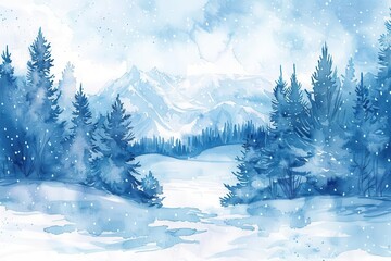 Corporate holiday retreat, winter landscape, team bonding, watercolor style