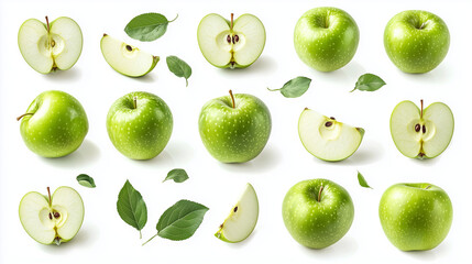 Juicy green apples rich set, whole and cut on half, slices with green leaves, tails, different sides isolated on white background