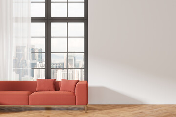 Wall Mural - Modern living room with red sofa and large window overlooking cityscape. 3D Rendering