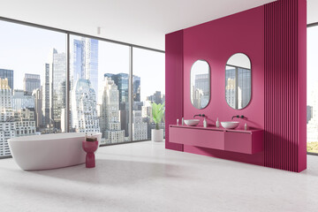 Wall Mural - Pink hotel bathroom interior with double sink and bathtub, panoramic window