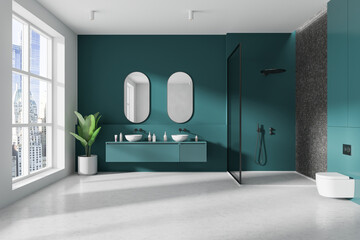 Wall Mural - Modern teal bathroom interior with city view window. 3D Rendering