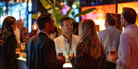 Fototapete - Corporate event with a soft-focus crowd, capturing the essence of networking, informal conversations, and a lively, modern ambiance in a high-profile event space