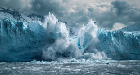 Massive Glacier Breaking Off and Crashing into the Ocean, Depicting the Dramatic Impact of Climate Change and Global Warming, Highlighting the Fragility of Earth's Ice Caps and the Urgency of Environm