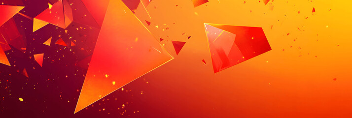 Abstract-themed banner with fragmented geometric forms in deep red and orange tones, sharp edges, open space for text