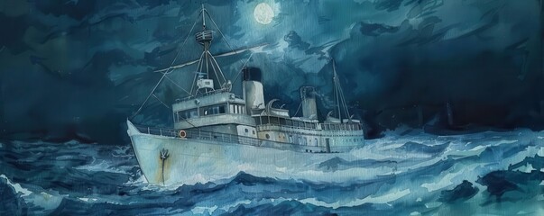 Ghostly expedition ship, spooky voyage, haunted seas, Watercolor style