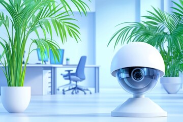 l illustration of a sleek, dome-shaped security camera in a bright, modern office environment