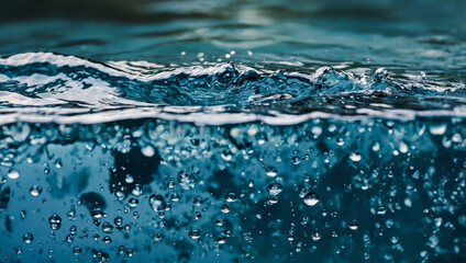 Water drops in sunlight, Defocus blurred transparent blue sea and sky. water surface texture with splashes and bubbles