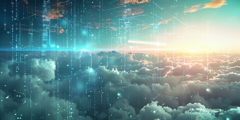 Poster - Futuristic representation of floating data in the sky, with vibrant digital codes and analytics icons suspended in a tranquil sky, illustrating advanced data solutions
