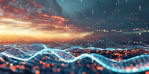 Poster - Visual of data streams and digital information floating in the sky, with illuminated data clusters and charts blending into the serene backdrop of a clear sky