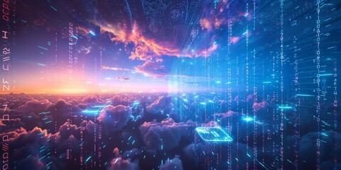 Poster - Futuristic image of data suspended above the clouds, with glowing graphs, binary sequences, and information icons drifting through a tranquil blue sky