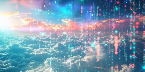 Poster - Conceptual depiction of data streams floating in a clear sky, featuring vibrant digital codes and graphical elements suspended above a serene cloudscape