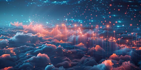 Leinwandbilder - Artistic image of data floating in the sky, with glowing data clusters and charts drifting above a peaceful blue sky, symbolizing advanced data management solutions
